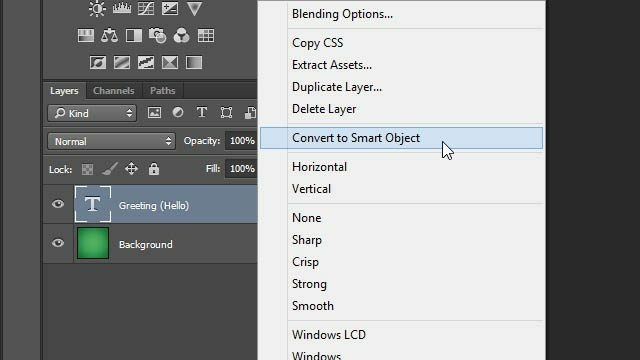Truco Photoshop Transformaciones de la capa de texto Capa de trucos capa de panel convertir en objeto inteligente capa inteligente Truco de Photoshop