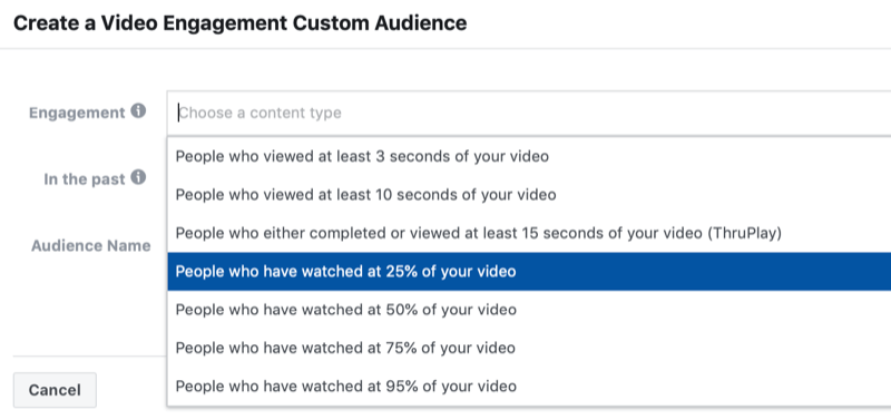 cuadro de diálogo para crear una audiencia personalizada de participación de video de Facebook
