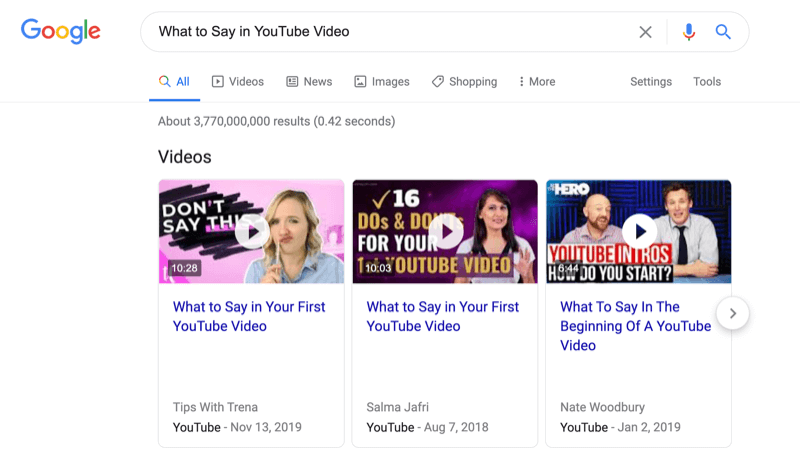 captura de pantalla de una búsqueda en Google para saber qué decir en un video de youtube con los resultados de la búsqueda de videos