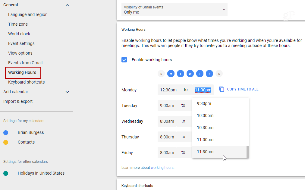 Establecer horas de trabajo para días individuales Google Calendar