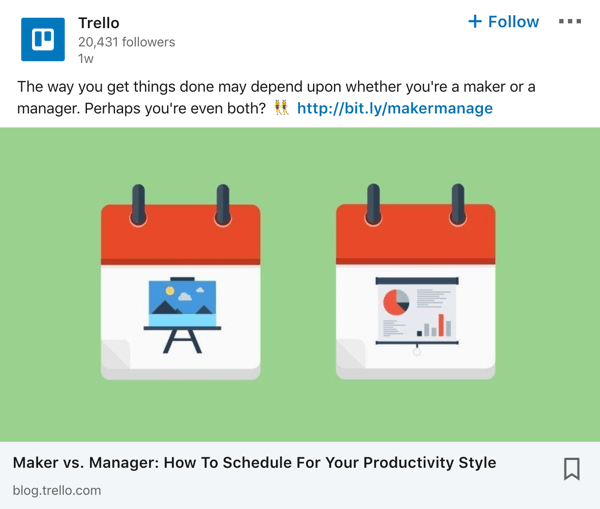 Ejemplo de publicación de página de empresa de Trello LinkedIn.