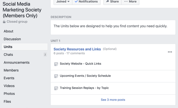 Cómo utilizar las funciones de Grupos de Facebook, ejemplo de unidades de grupo para Social Media Marketing Society 