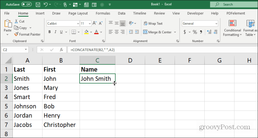 usando concatenate para nombres en Excel