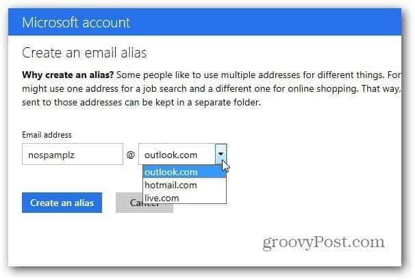 Función de alias de Outlook.com