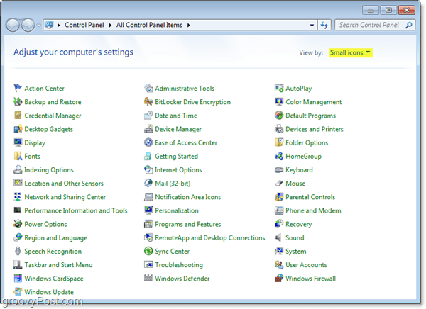 El panel de control de Windows 7 automáticamente en la vista de iconos pequeños