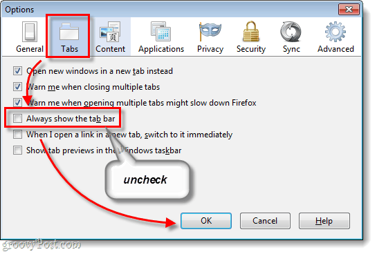 Firefox 4 Opciones de pestañas y Mostrar siempre la barra de pestañas sin marcar