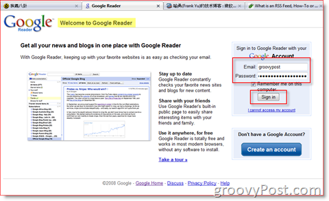 Página de inicio de sesión de Google Reader:: groovyPost.com