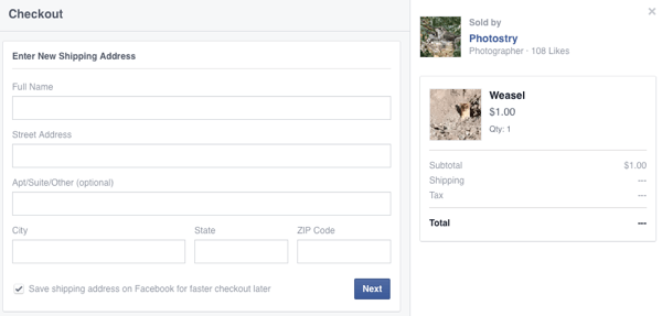 el cliente ingresa los detalles de envío para la primera compra de Facebook
