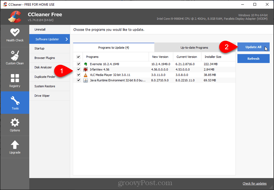 Actualizador de software en CCleaner