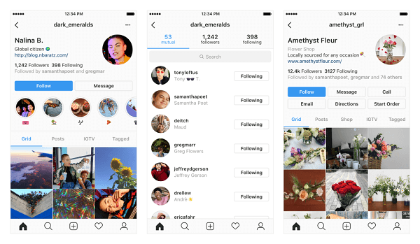 Ejemplos de posibles cambios en su perfil de Instagram.