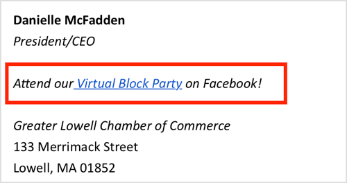 Promocione su evento virtual de Facebook en su firma de correo electrónico.