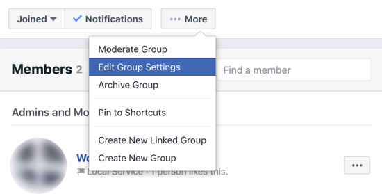 Cómo mejorar la comunidad de su grupo de Facebook, opción de menú para editar la configuración del grupo de Facebook