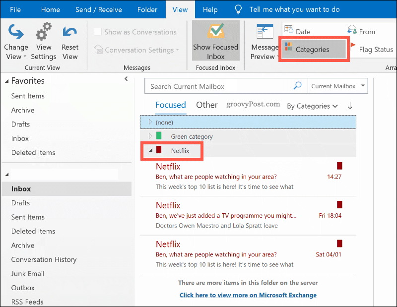 Correos electrónicos ordenados por categoría de color en Outlook