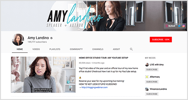 AmyTV es el canal de YouTube renombrado de Amy Landino. La página del canal presenta fotos de Amy y el video que usó para lanzar su canal renombrado.