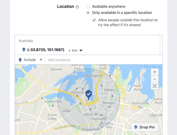 Cómo promocionar su evento en vivo en Facebook, paso 3, opción para crear un marco de Facebook específico de ubicación y ajustar el radio de ubicación