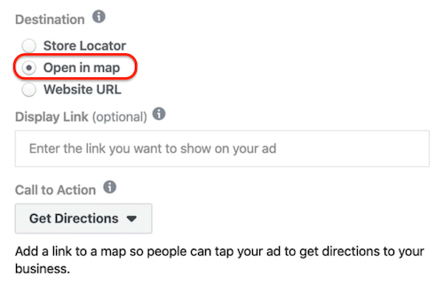 Opción Abrir en mapa seleccionada a nivel de anuncio en Facebook Ads Manager