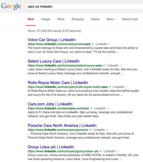 resultados de la página de empresa de linkedin en los resultados de búsqueda de google para coches en linkedin