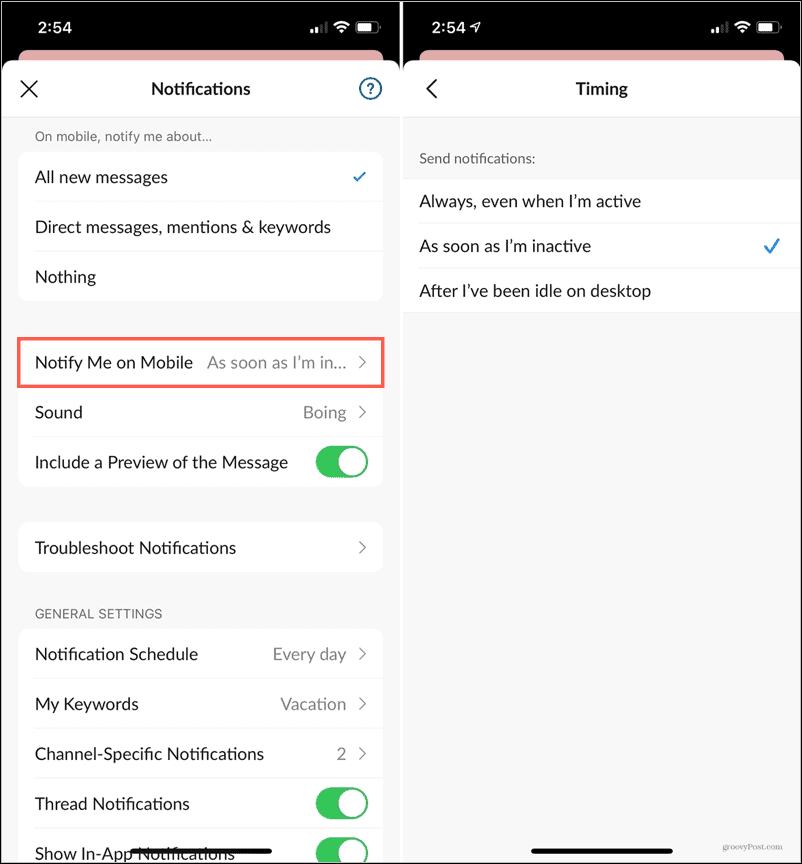 Notificación de tiempo de inactividad en Slack Mobile