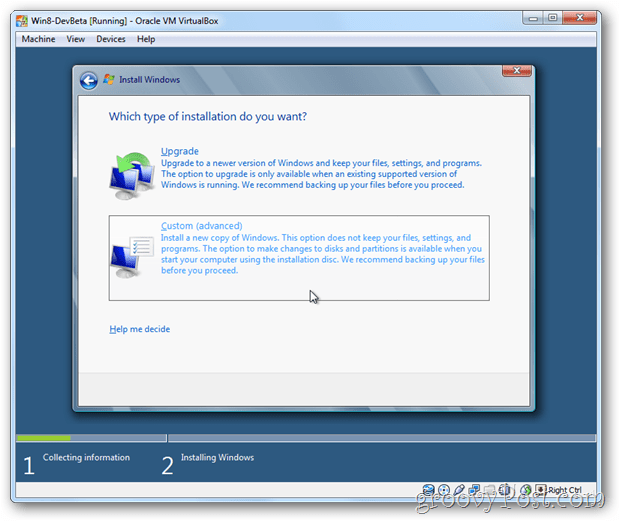 VirtualBox Windows 8 elige instalación personalizada
