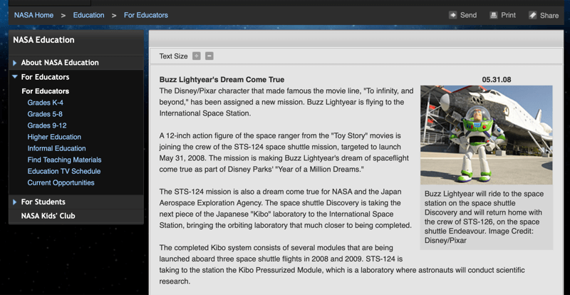 Artículo de la NASA sobre el juguete de Buzz Lightyear en el espacio