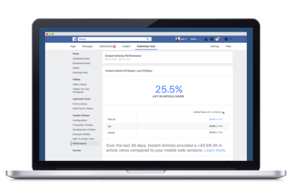 Facebook lanzó una nueva herramienta de análisis que compara el rendimiento del contenido publicado a través de la plataforma Instant Articles de Facebook en comparación con otros equivalentes web móviles.