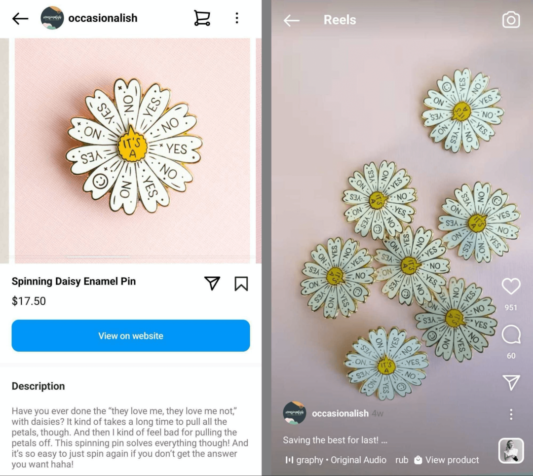 imagen del mismo producto en una tienda de Instagram y un carrete de Instagram