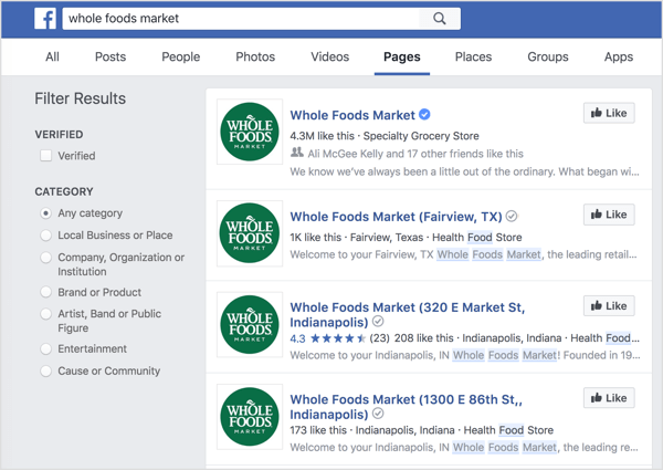 Las páginas de ubicación individuales aparecen en la búsqueda de Facebook.
