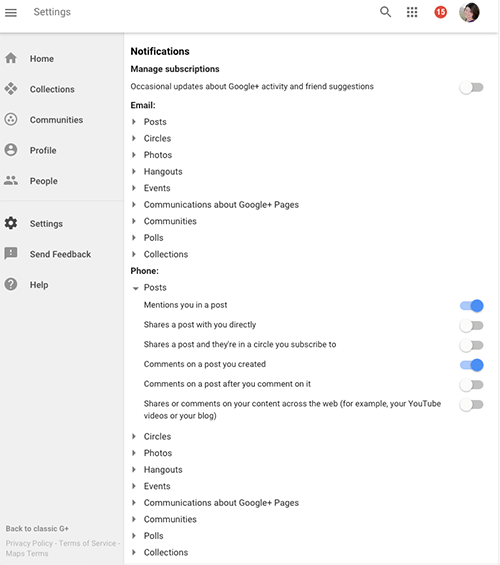configuración de notificaciones de googleplus en el escritorio