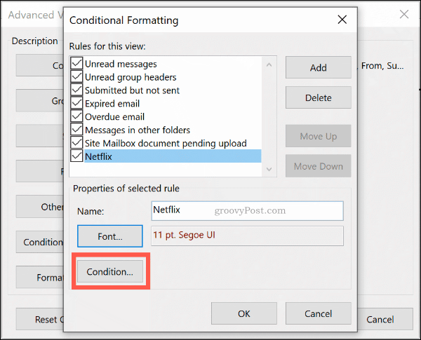 El botón Condiciones de formato condicional en Microsoft Outlook