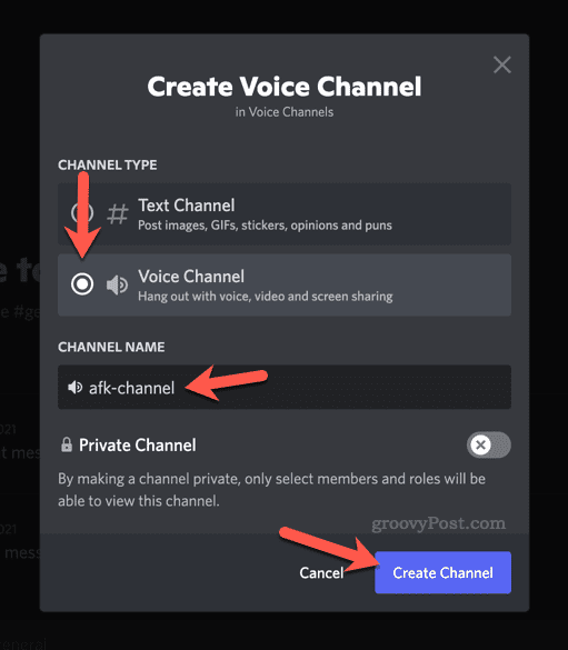 Configuración de opciones para un nuevo canal de voz en Discord