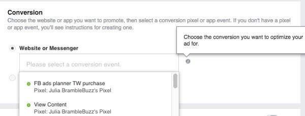 Cuando configure una campaña publicitaria de conversiones en un sitio web, seleccione el píxel que se utilizará para realizar un seguimiento de las conversiones.