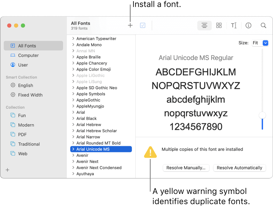 Advertencia de fuente amarilla de Mac