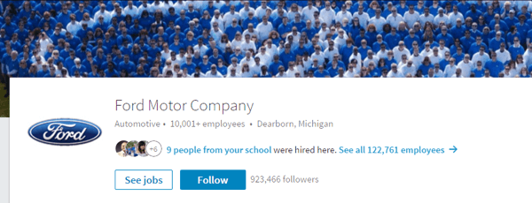 La página de LinkedIn de Ford Motor Company incluye imágenes relevantes y detalles actualizados.