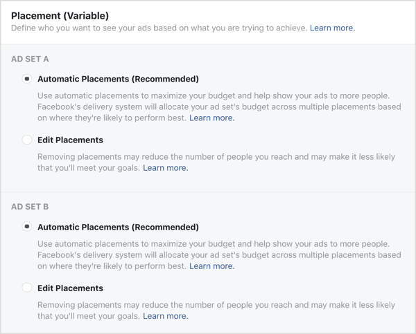 Conjunto de anuncios A y Conjunto de anuncios B para prueba de división variable de Facebook