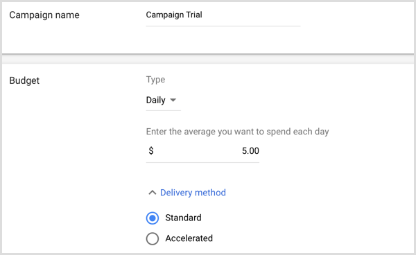 Agregue el nombre y el presupuesto de la campaña en Google AdWords.