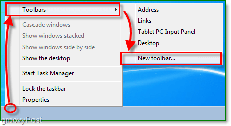 Abra el menú contextual de la barra de tareas y seleccione barras de herramientas y luego barra de herramientas nueva ...