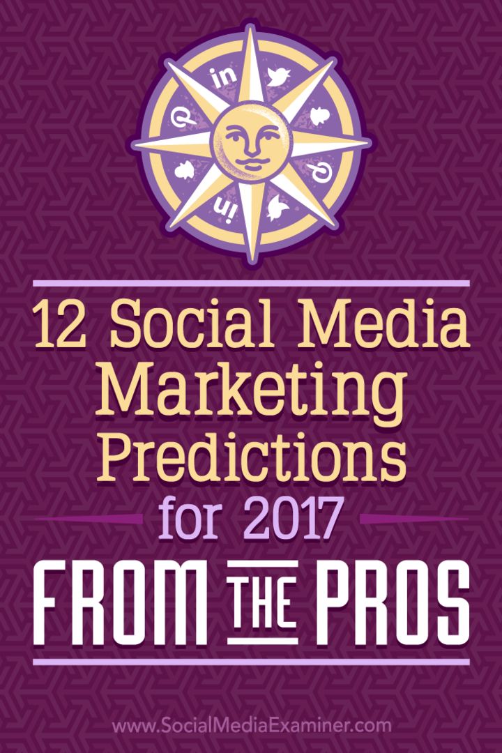 12 predicciones de marketing en redes sociales para 2017 de los profesionales por Lisa D. Jenkins en Social Media Examiner.