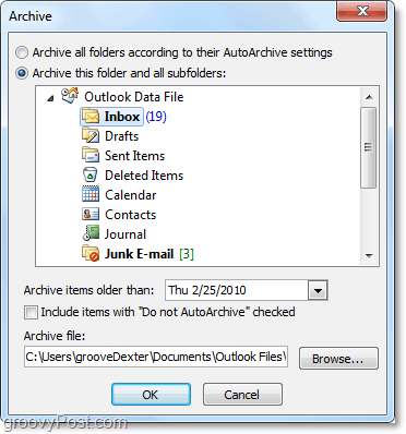configuración de archivo manual en Outlook 2010