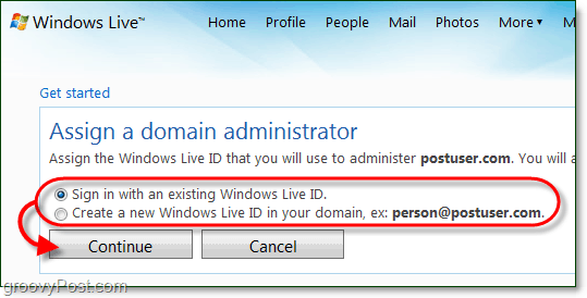 crear una cuenta de administrador de dominio de Windows Live o usar una cuenta actual de Live