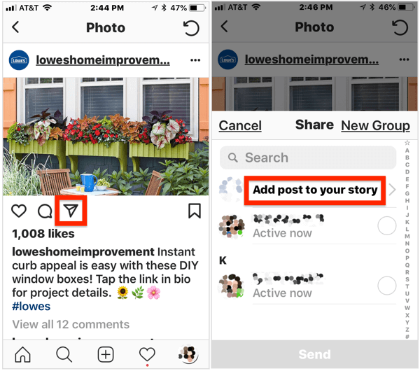 Para agregar una publicación pública a su historia de Instagram, abra la publicación, toque el icono del avión debajo de la imagen y luego seleccione Agregar publicación a su historia en el menú emergente.