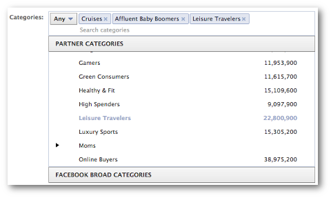 seleccionar categorías de socios de Facebook