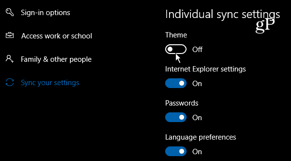 Configuración de sincronización individual de Windows 10