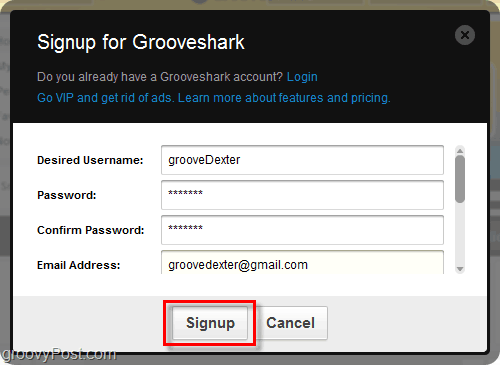 Proceso de registro de Grooveshark