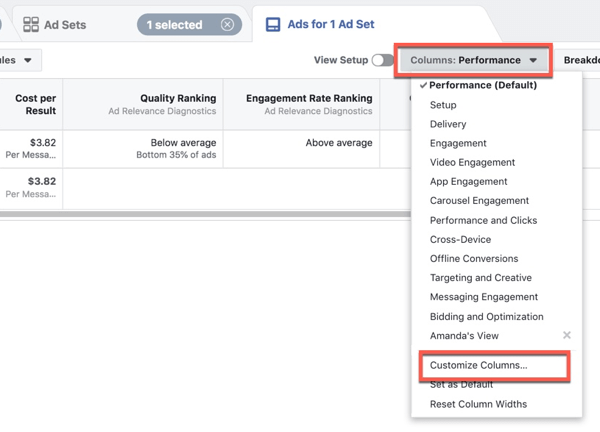 Personalización de Facebook Ads Manager para personalizar las columnas.