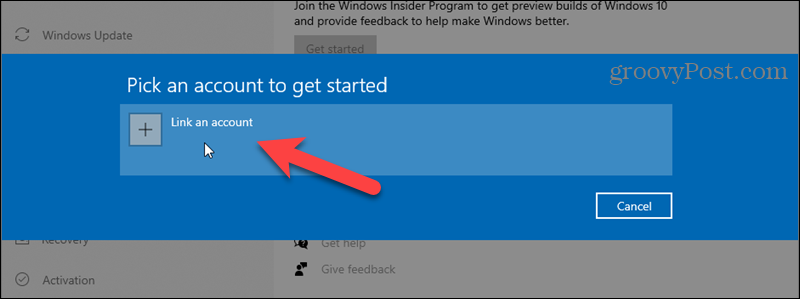 Haga clic en Vincular una cuenta para el programa Windows Insider