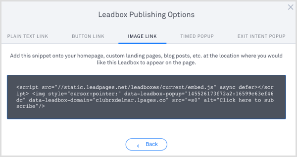LeadPages leadbox publicar código 
