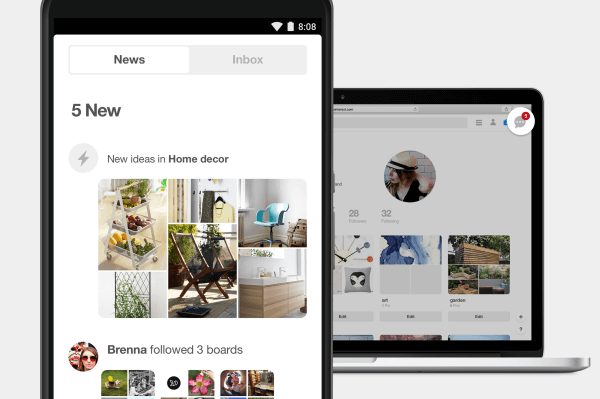 Pinterest simplificó y optimizó sus funciones de notificación y bandeja de entrada.