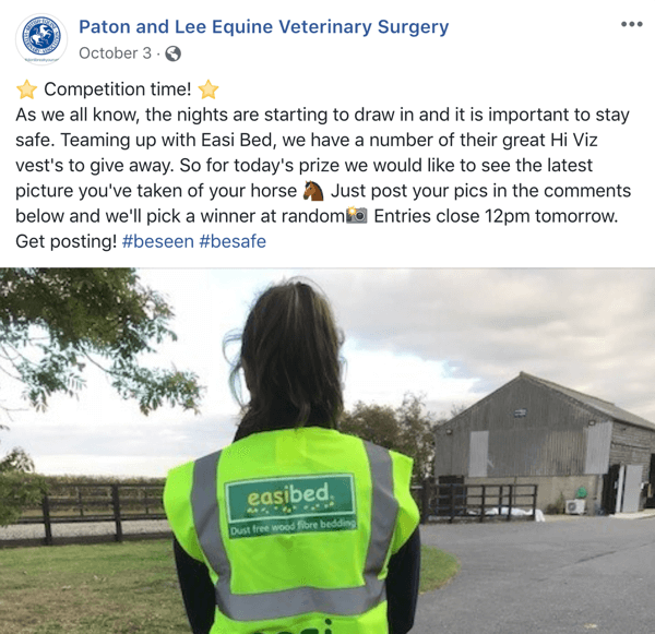 Ejemplo de publicación de Facebook con un concurso de Paton y Lee Equine Veterinary Surger.
