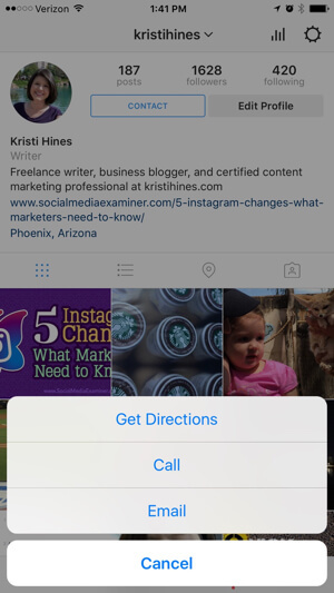 opciones de contacto de perfil de negocio de instagram