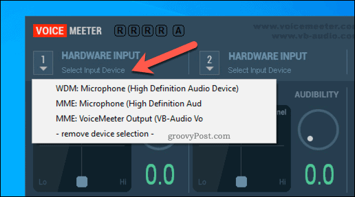 Selección de una opción de entrada de hardware VoiceMeeter